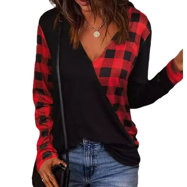 V-neck T-shirt Loose Casual Long Sleeves Printed Comfortable Slim-fitting Simple All-match