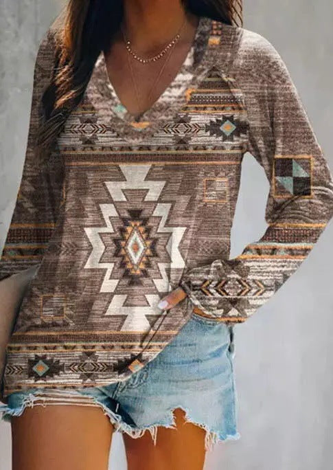 V-neck T-shirt Loose Casual Long Sleeves Printed Comfortable Slim-fitting Simple All-match