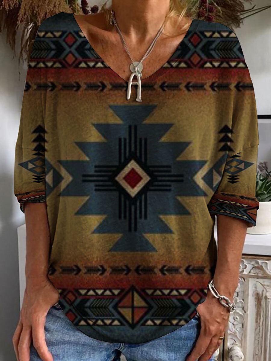 V-neck T-shirt Loose Casual Long Sleeves Printed Comfortable Slim-fitting Simple All-match
