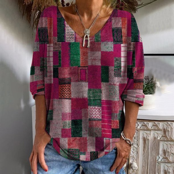 V-neck T-shirt Loose Casual Long Sleeves Printed Comfortable Slim-fitting Simple All-match